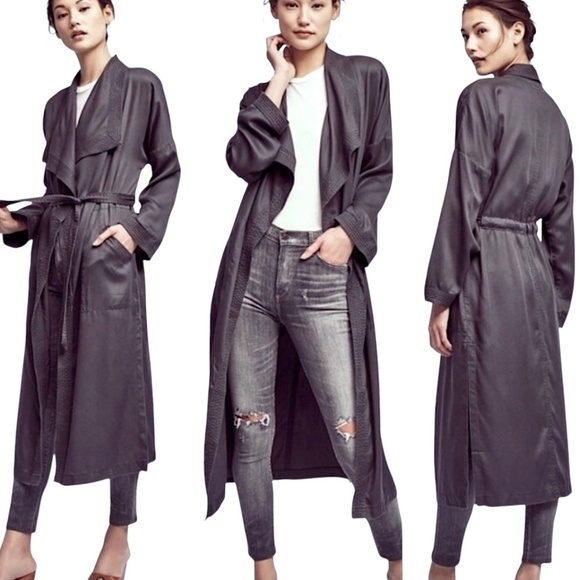 ANTHROPOLOGIE Hei Hei Trapunto Sash Belted Midi Trench Coat Gray - Picture 1 of 11